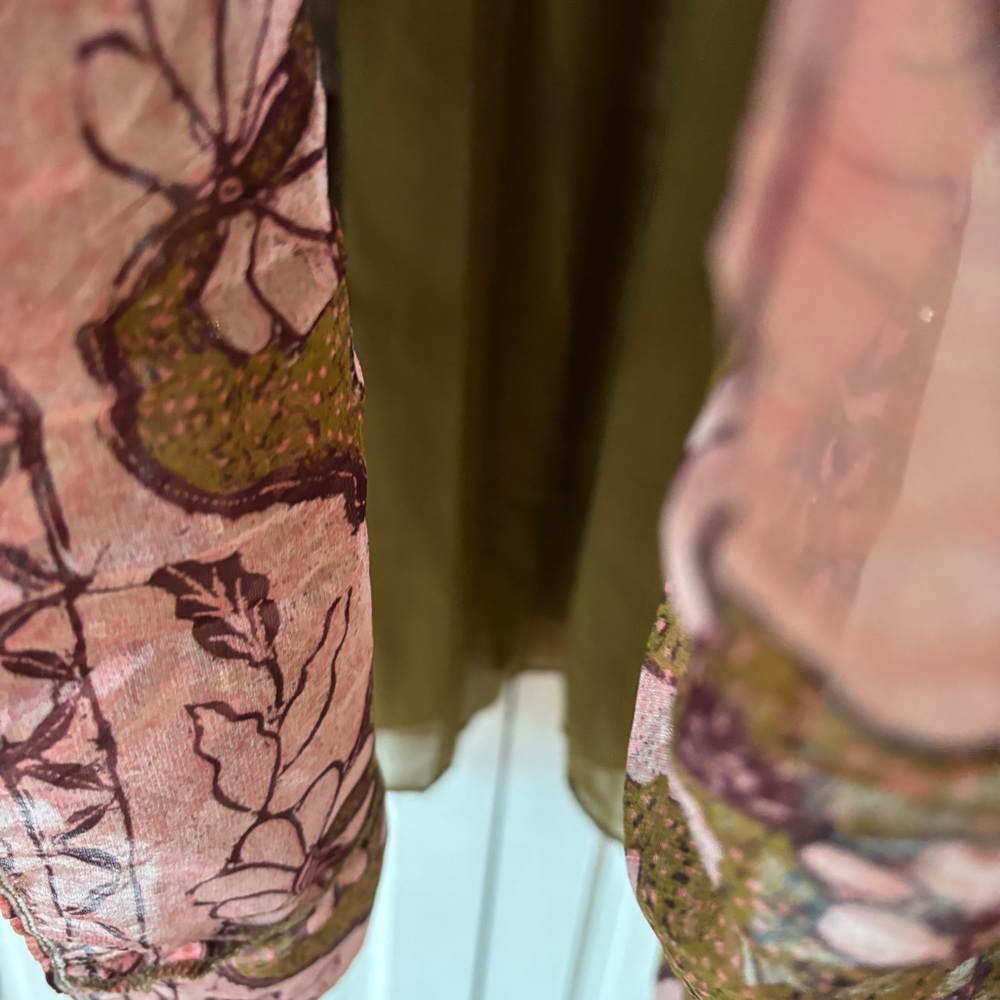 Ulla Johnson RARE Celestia Floral Batik Print Midi Dress Olive Ruffl Silk Size 6 - Picture 10 of 17